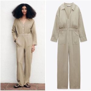 NWT LINEN BLEND LONG JUMPSUIT SAND L
